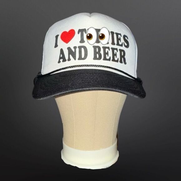 Adult Humor “l Heart Ti**ies & Beer” Puffy Black White Adjustable Trucker Hat - Picture 8 of 8
